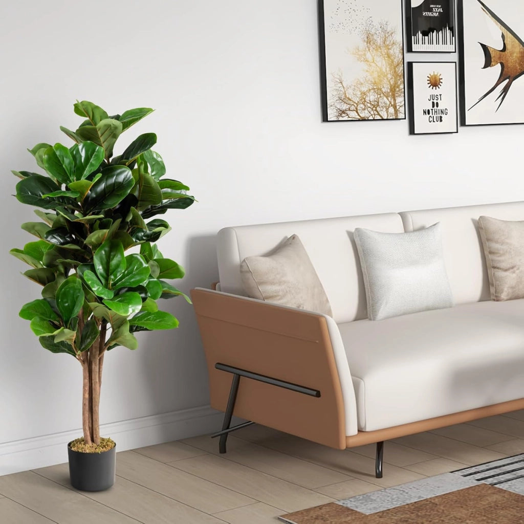 Pianta artificiale, albero di fico artificiale, 120 cm, decorazione in vaso di cemento, pianta verde con tronco e foglie in legno naturale, decorazione per interni