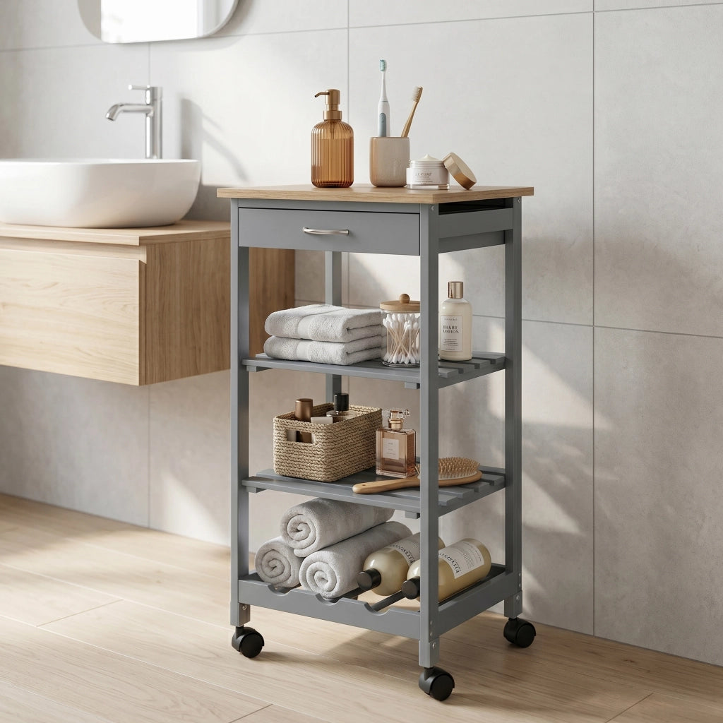 Carrello Portaoggetti Biel con Cassetto 3 Ripiani e Griglia Portabottiglie 76x37x37 cm - Grigio Scuro / Effetto Legno [en.casa]