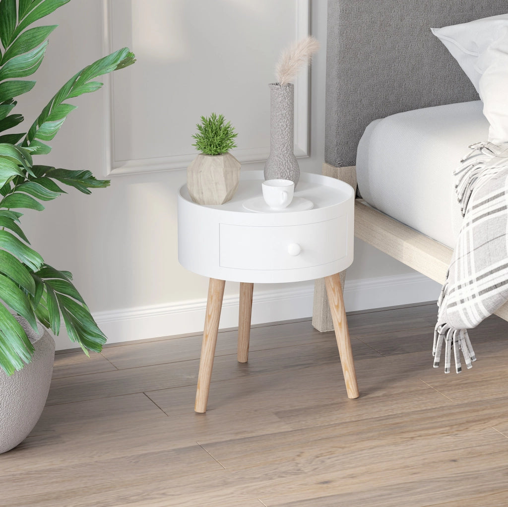 Tavolino rotondo con cassetto in legno bianco