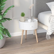 Tavolino rotondo con cassetto in legno bianco