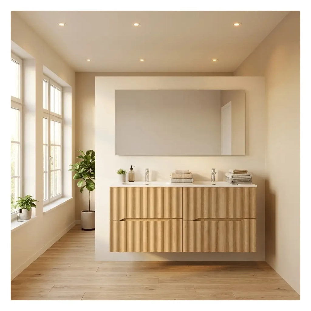 Set da bagno sospeso NATURA 155cm: mobile sotto lavabo 60cm + doppio lavabo incassato