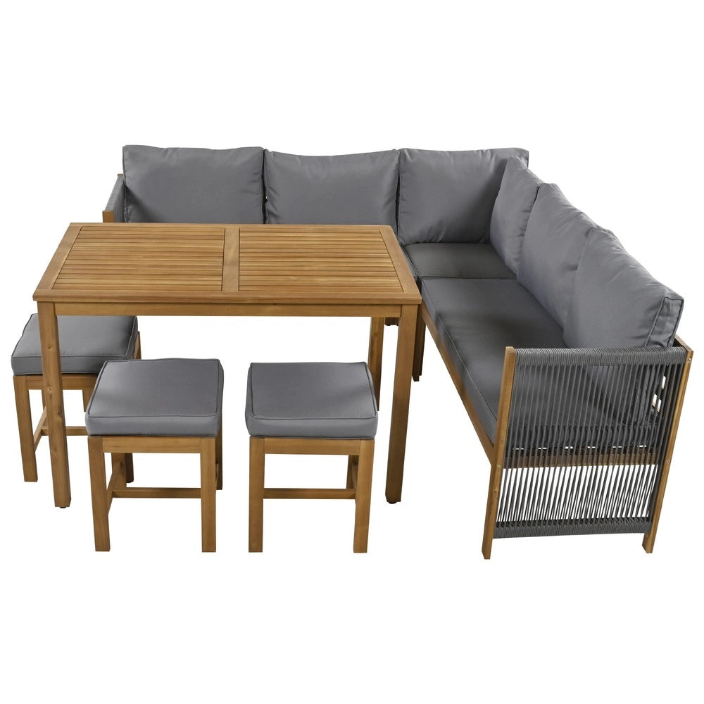 Set da giardino per 7-8 persone - Zephmum - Divano angolare, 3 sgabelli, tavolo, cuscini, polirattan, colore grigio+naturale