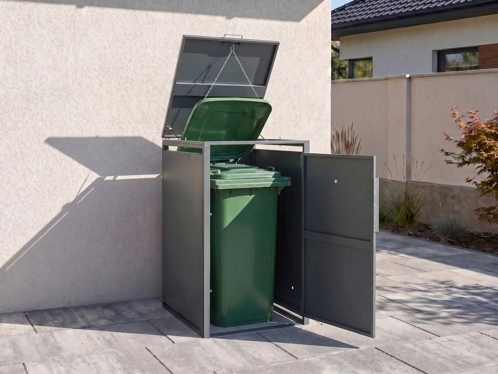 Copertura metallica per bidone della spazzatura da esterno con apertura superiore e catena, per bidone da 240 L, in acciaio zincato grigio scuro