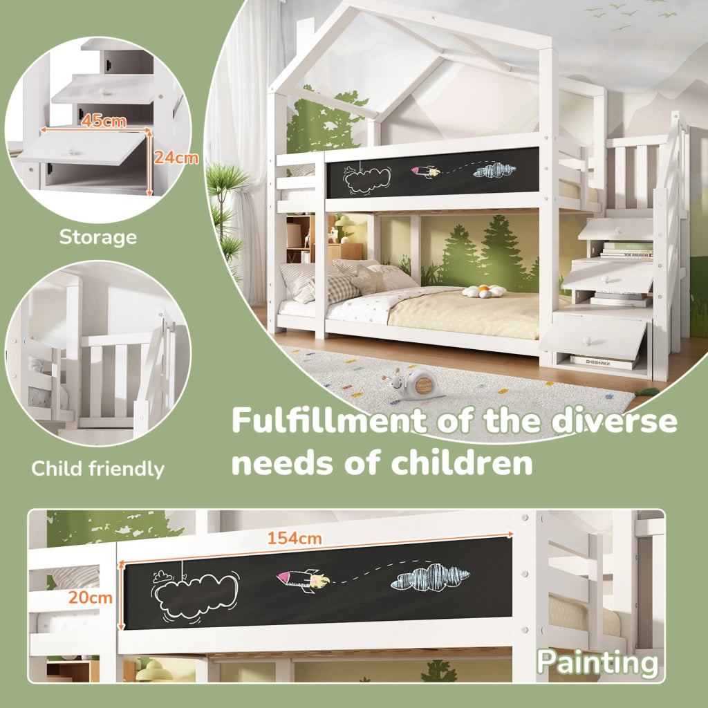 Letto a castello per bambini 90x200 cm in legno massello di pino e MDF; bianco; con lavagna e scala contenitore