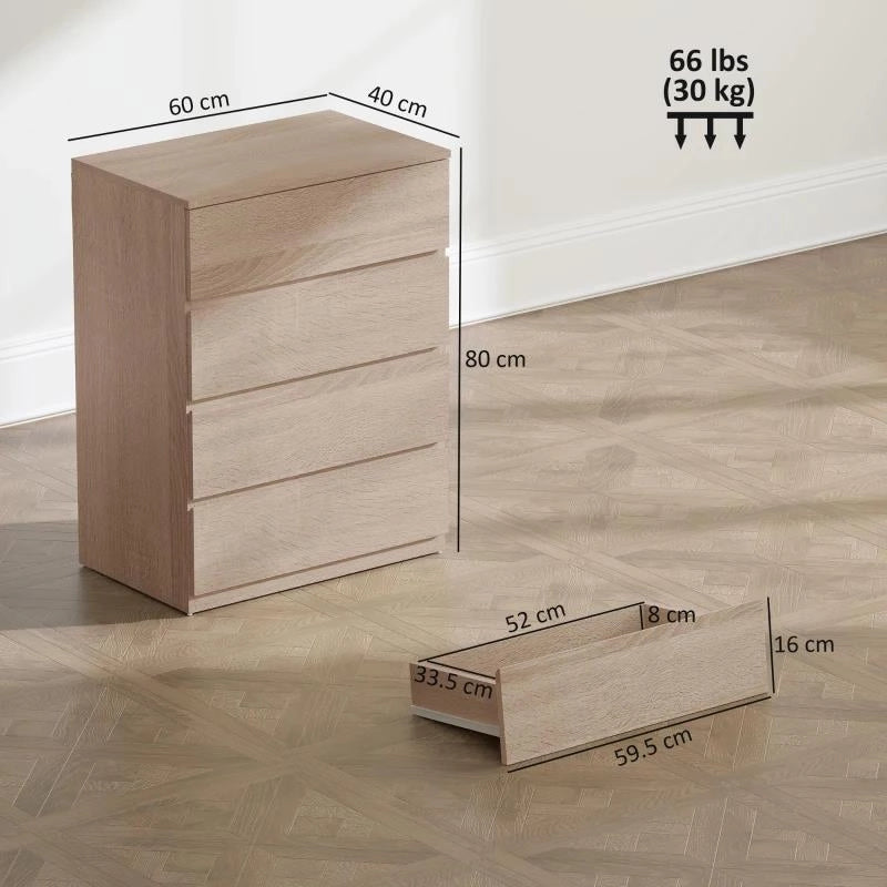 CASSETTIERA 4 CASSETTI IN LEGNO CON GUIDE IN METALLO E MANIGLIE SCANALATE, 60X40X80 CM, COLOR FAGGIO