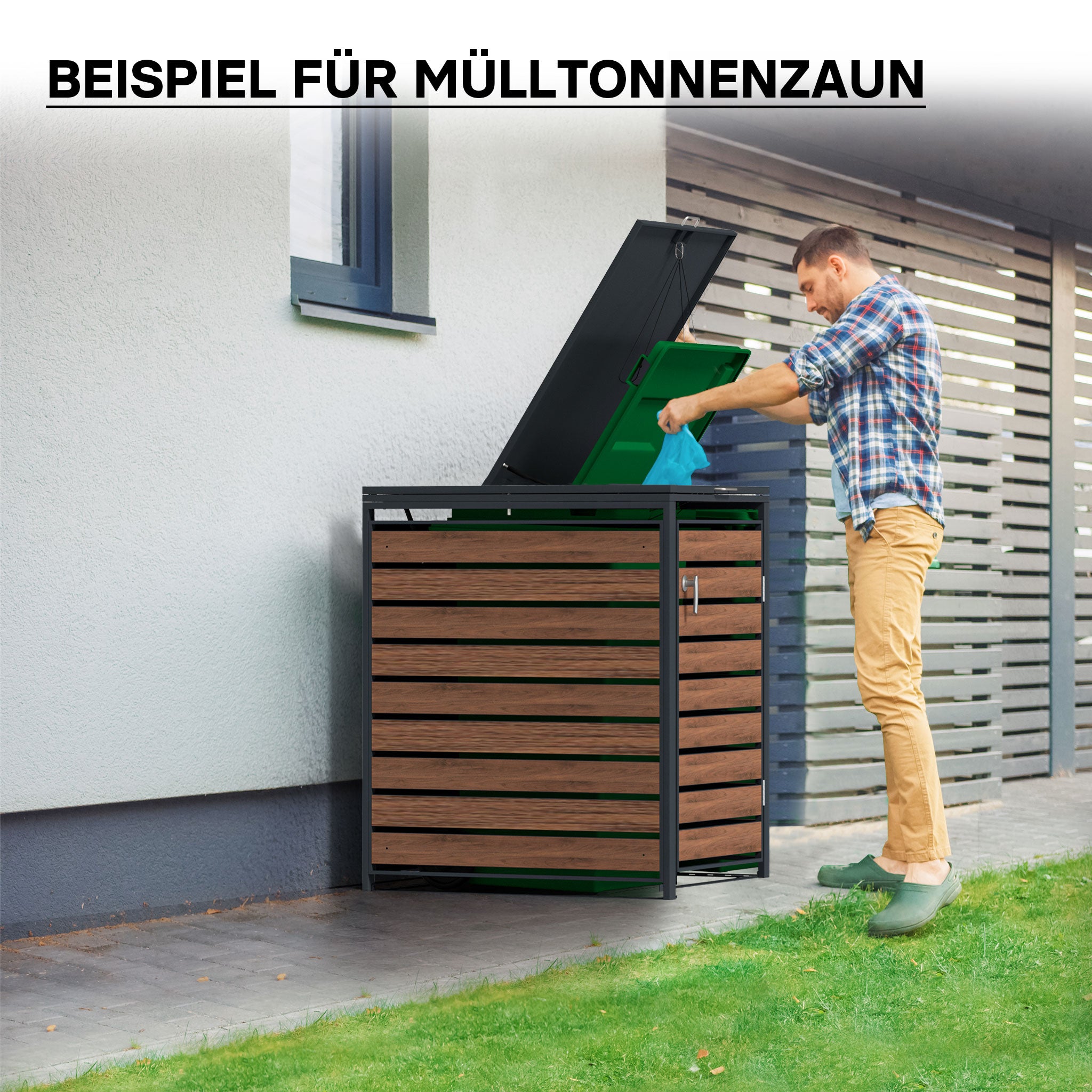 Copri bidone della spazzatura con coperchio ribaltabile per un contenitore 60-240l, acciaio antracite e effetto legno, copribidone da esterno