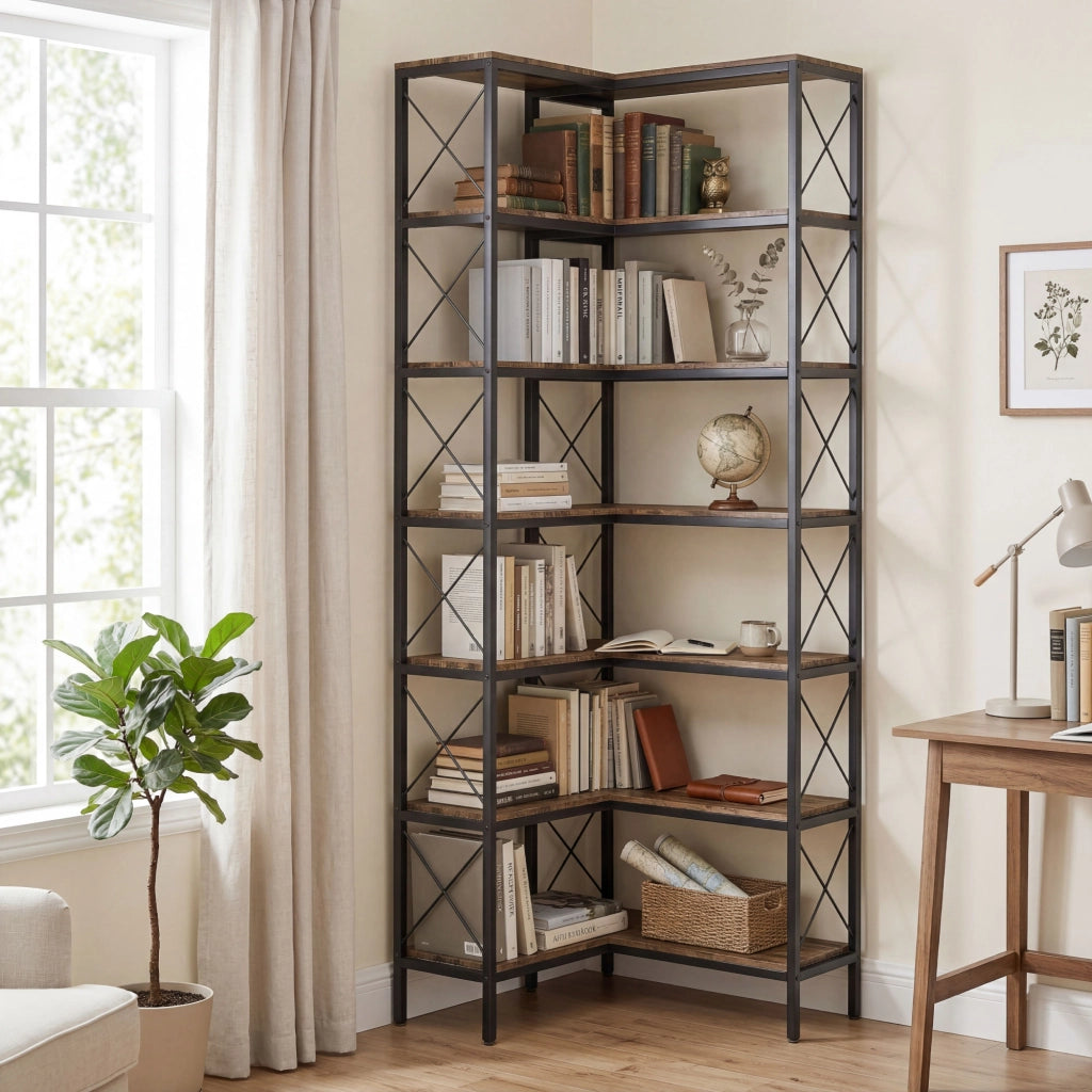 Libreria Angolare 6 Livelli ¨C zephmum ¨C Metallo Marrone Rustico 60x60x200