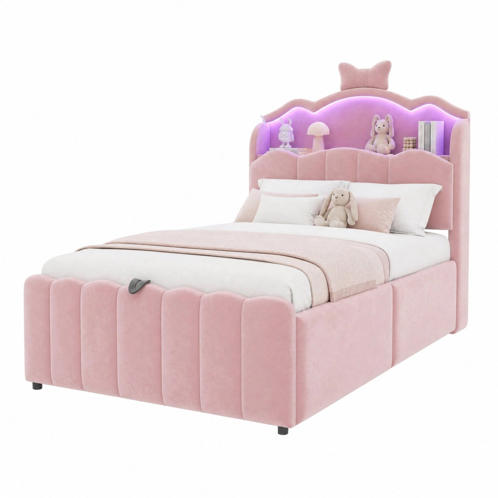 Letto per bambini imbottito 90x200 cm in velluto rosa con LED; USB; USB-C e contenitore