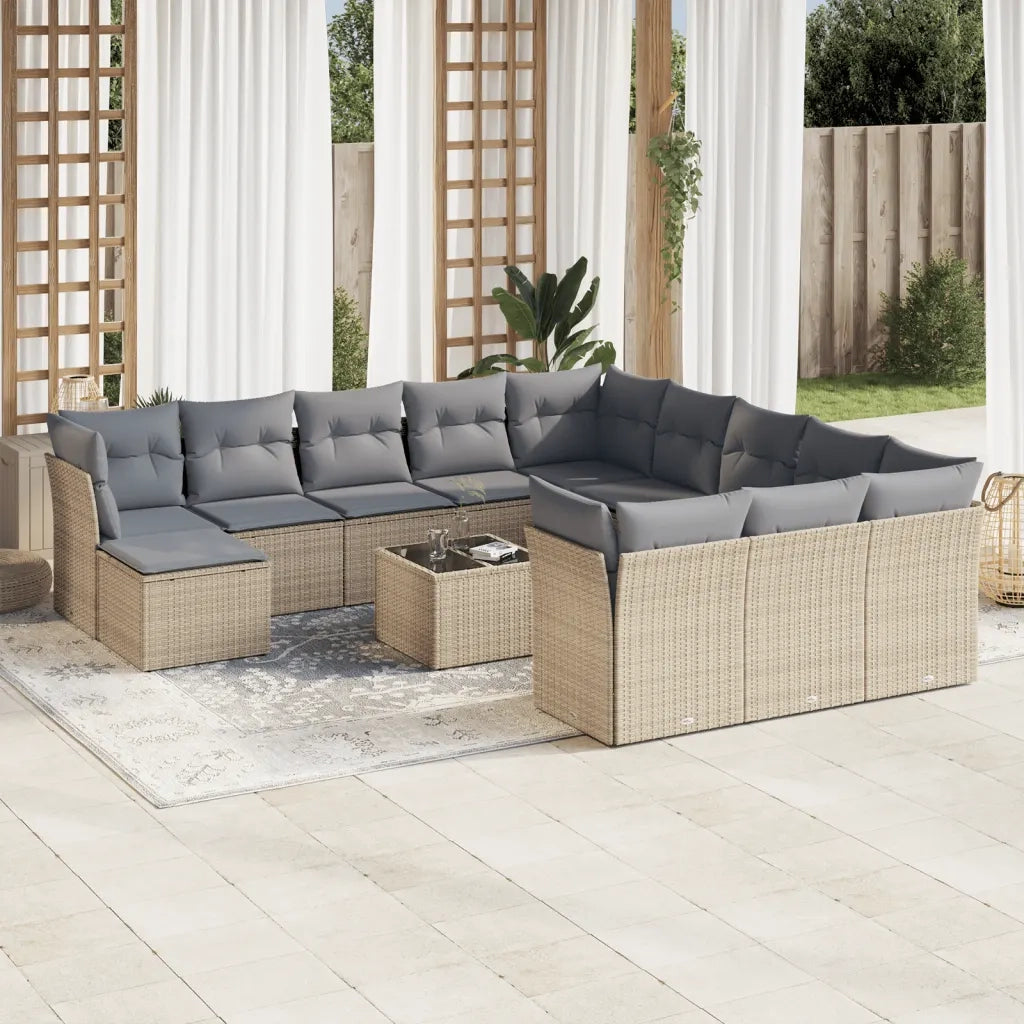 Set Divano da Giardino 13 pz con Cuscini Beige in Polyrattan