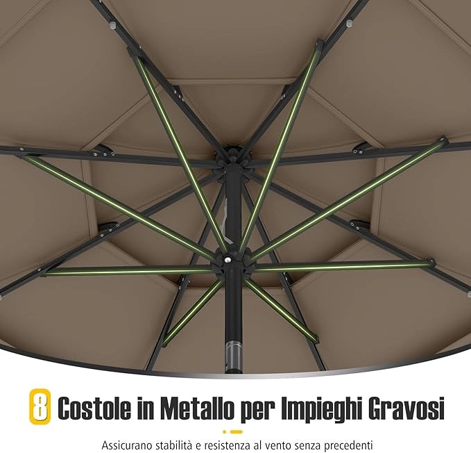 Ombrellone da Patio 313 cm con 32 Luci LED, Tetto Ventilato a 3 Piani, Inclinazioni Regolabili, Manovella, 8 Stecche, Ombrellone da Giardino, Piscina, Spiaggia