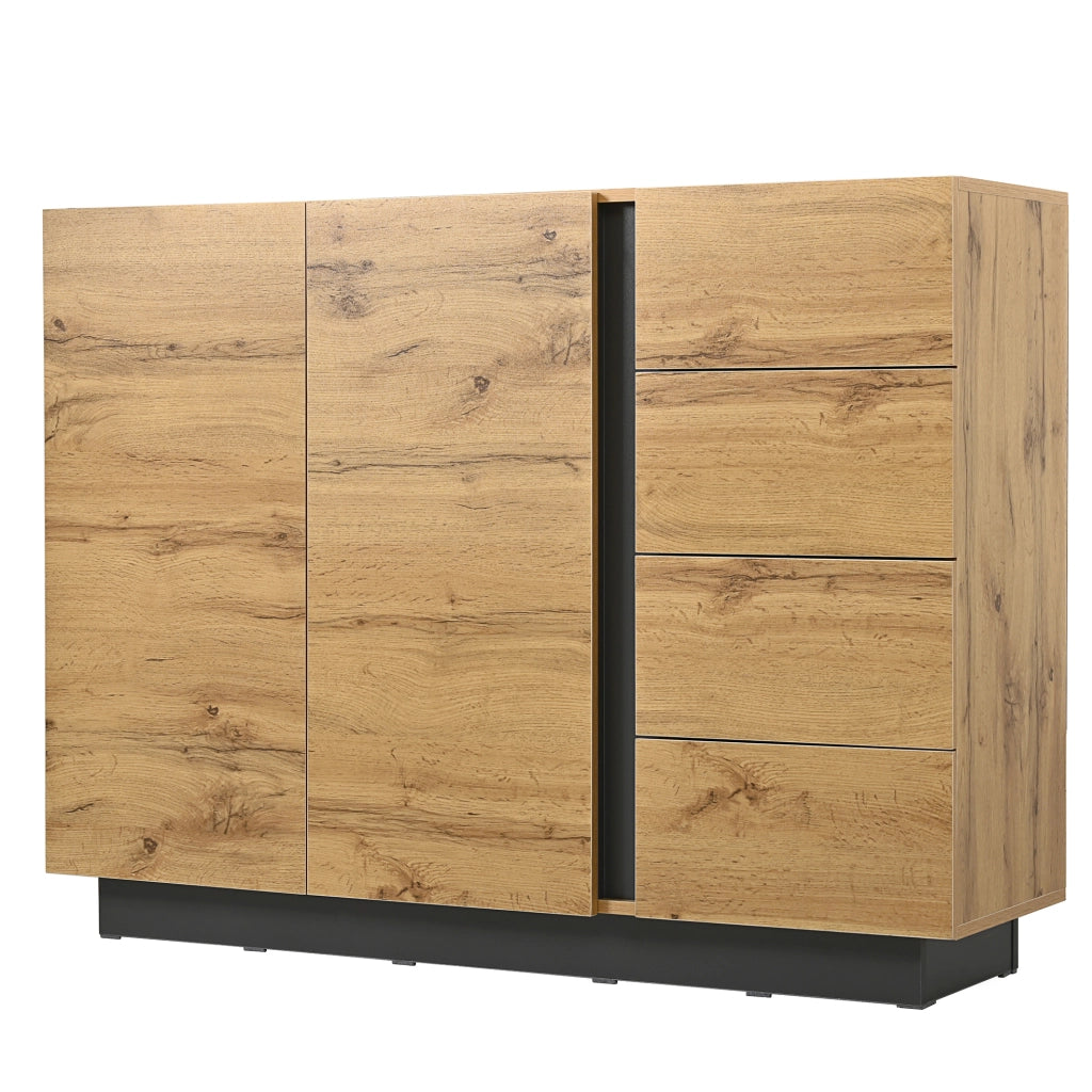 Credenza 120 cm con 2 ante e 4 cassetti nero e naturale