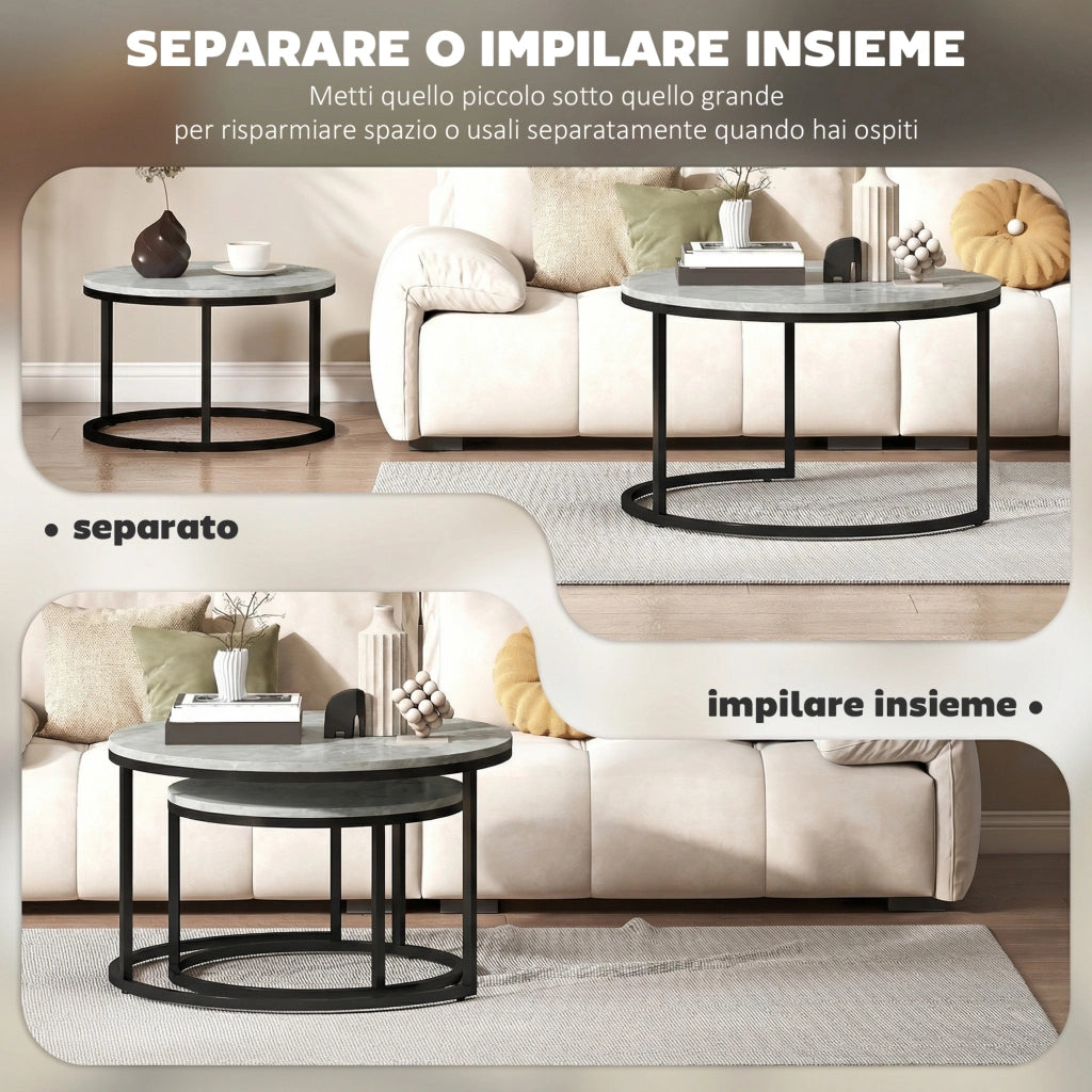 Set 2 Tavolini da Caff¨¨ Rotondi ¨C Xylo ¨C Effetto Marmo Grigio Legno Metallo