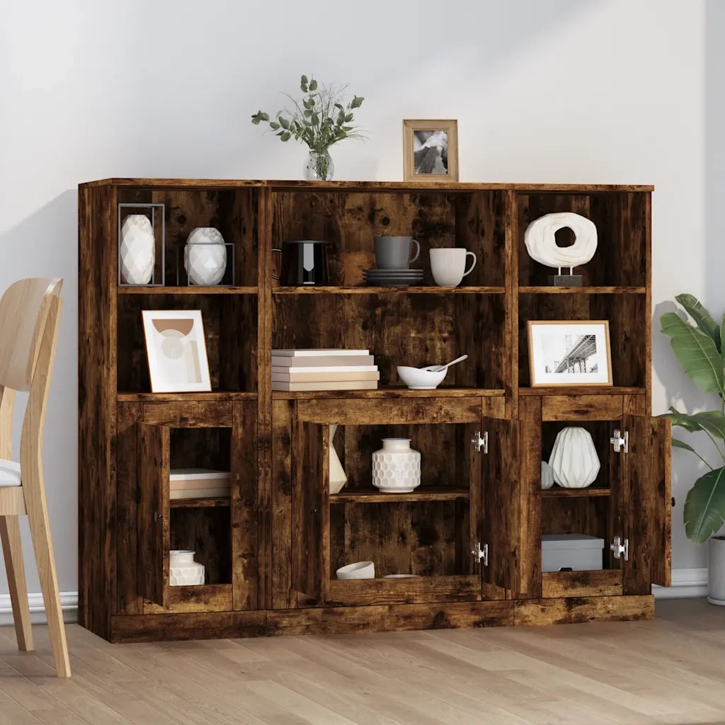 Credenze 3 pz | Madia | Buffet da pranzo | Armadio da pranzo Rovere Fumo in Legno Multistrato