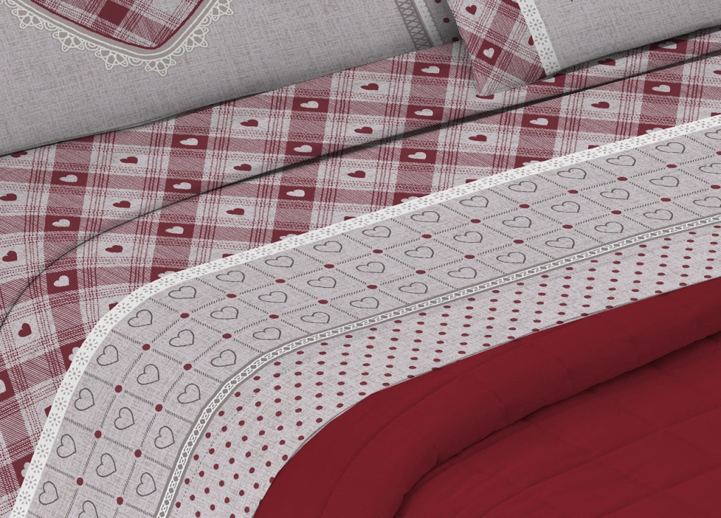 Completo Lenzuola Flanella Pensieri Delicati 100% Cotone Disegno Chalet - Matrimoniale - Rosso