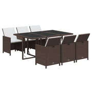 Set da pranzo per esterni composto da 7 pezzi con cuscini in resina intrecciata marrone 02_0014443