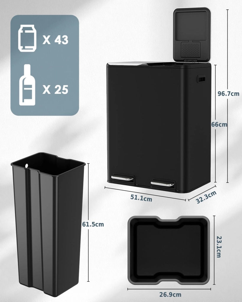 Pattumiera Differenziata 2 Scomparti, 60L Cestino Spazzatura Cucina con Pedale, 2x 30l Secchio Rimovibile, Chiusura Silenziosa, Filtro Antiodore, Pattumiere per Raccolta Differenziata, Nero