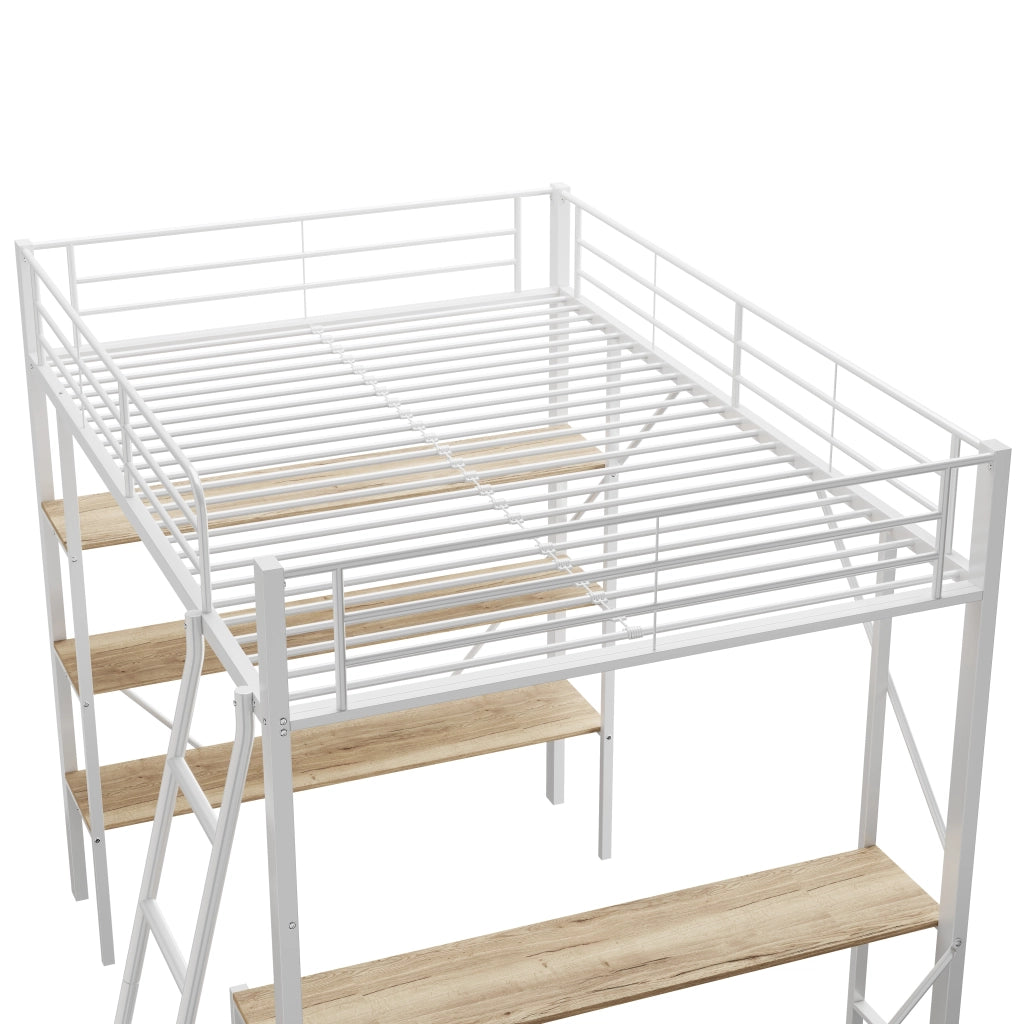 Letto a soppalco; Letto singolo con scrivania e 3 ripiani; 90×200 cm; senza materasso; metallo e MDF; Bianco