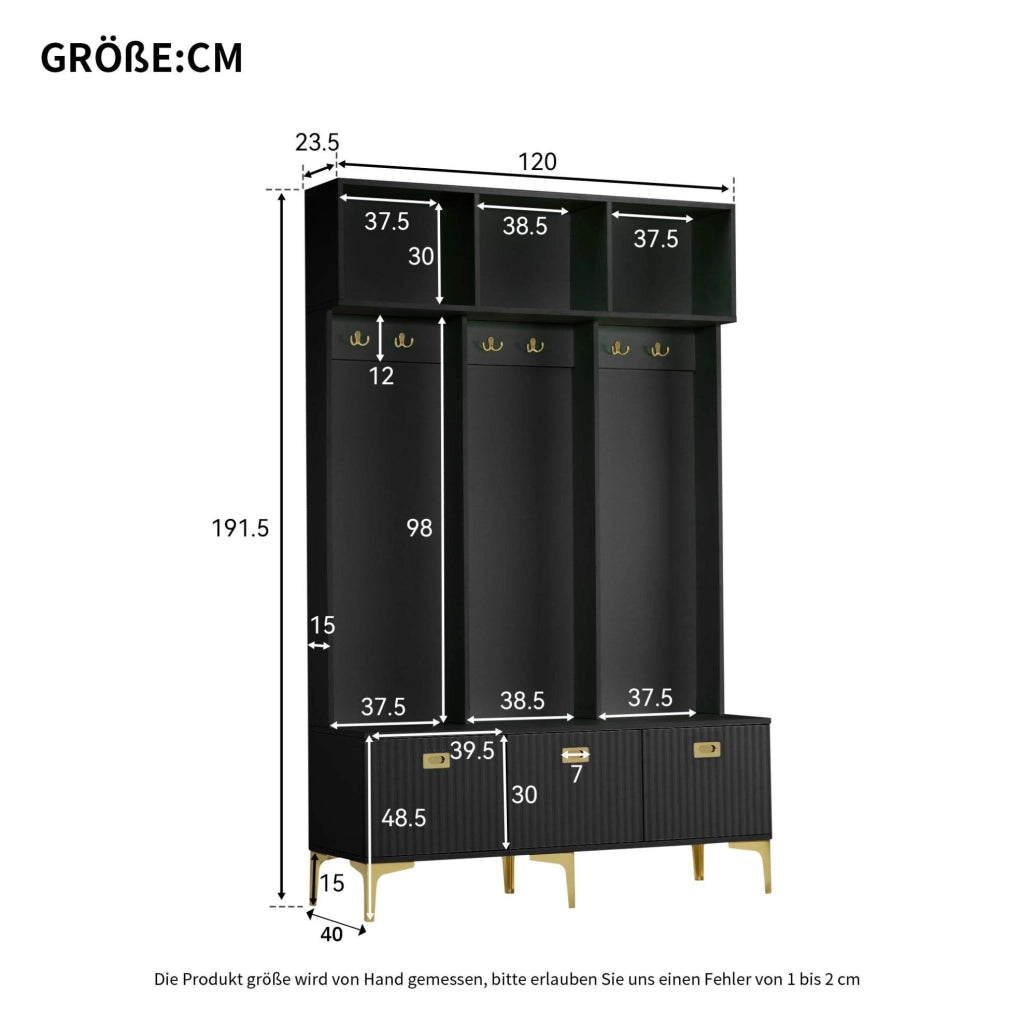 Set guardaroba con panca e scarpiera, nero, 120 × 40 × 191 cm