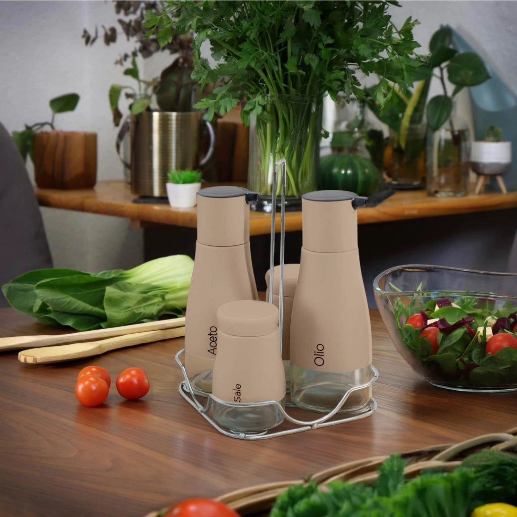 Set Condimento 4 Pezzi Olio Aceto Sale Pepe Vetro Acciaio Certificato Per Alimenti Organizzatore Acciaio Inox Con Stand In Metallo Condimenti Tavola Oliera Saliera Dispenser Tavola Organizer Porta Spezie Barattoli Contenitori Biscotto