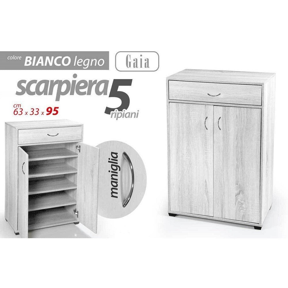 Trade Shop - Mobile Scarpiera Armadio 2 Ante Cassetto 5 Ripiani Legno Bianco 95x63x33cm 770937 -
