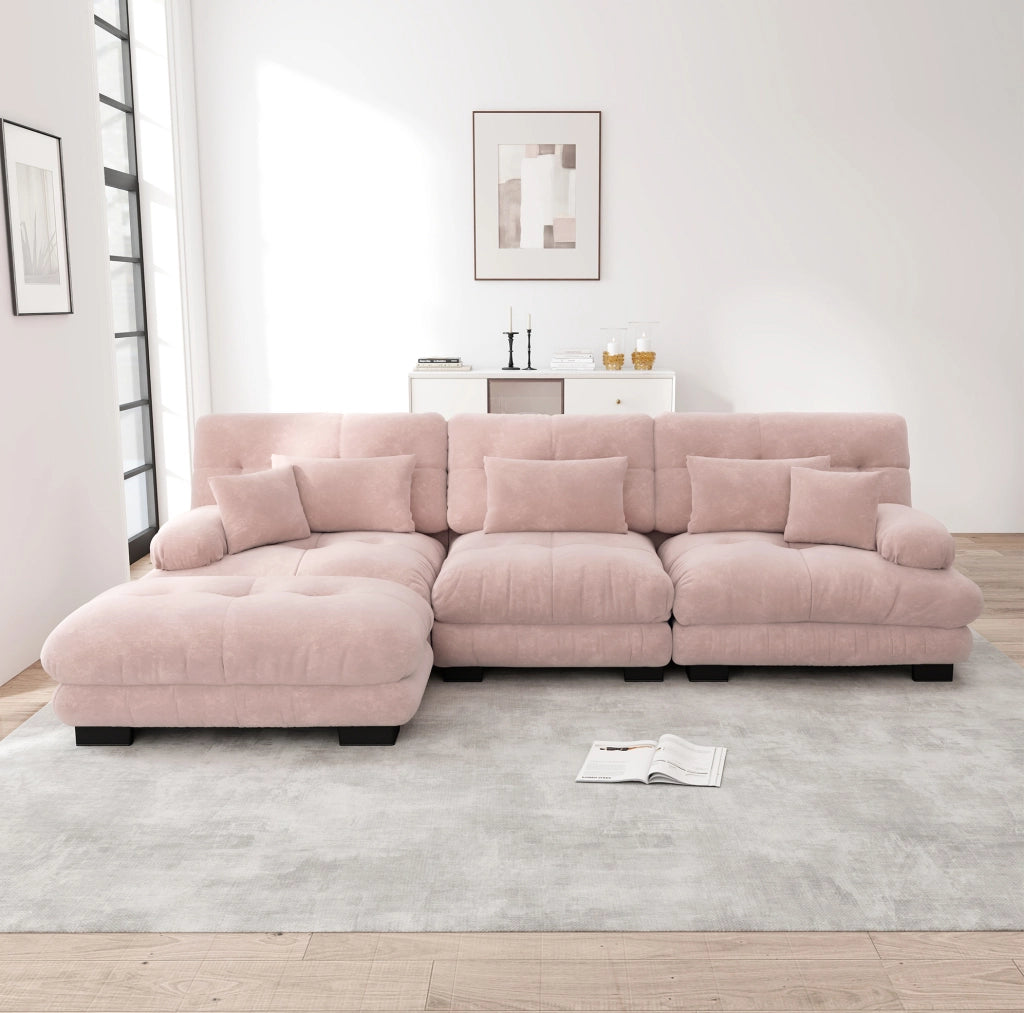 Divano modulare con pouf mobili in ciniglia rosa