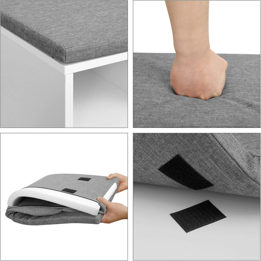 VASAGLE Panca Scarpiera, Panca Contenitore con Cassetto e Scomparti Aperti, Scaffale Portascarpe, Seduta Imbottita, Ingresso Camera da Letto, 30 x 104 x 48 cm, Bianco e Grigio LHS24WT