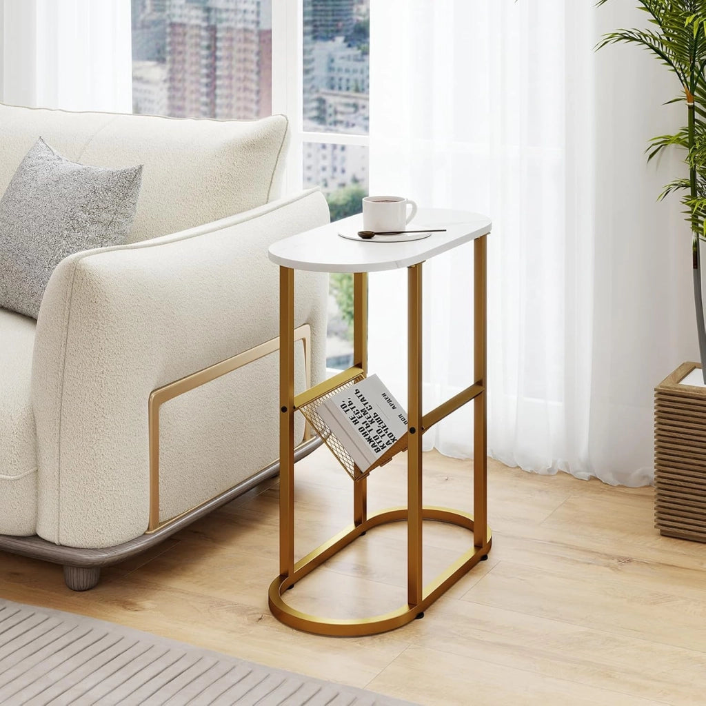 Tavolino con 2 ripiani, comodino piccolo con ripiano, struttura in metallo, 60 x 28,5 x 64 cm, tavolino laterale compatto per soggiorno e camera da letto (bianco)