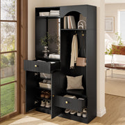 Garderoba da ingresso 100x35x180 cm con specchio; seduta e LED; MDF; nero