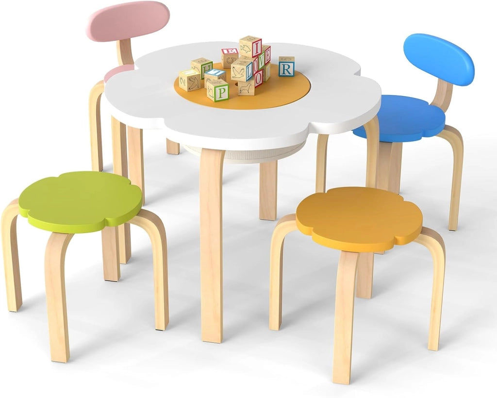 Set Tavolo e Sedie per Bambini, Set Mobili a Forma di Fiore con 2 Sedie e 2 Sgabelli, Tavolo Attività con Contenitore Nascosto, Set Gioco a 5 Pezzi in Legno per Bambini 3+ Anni