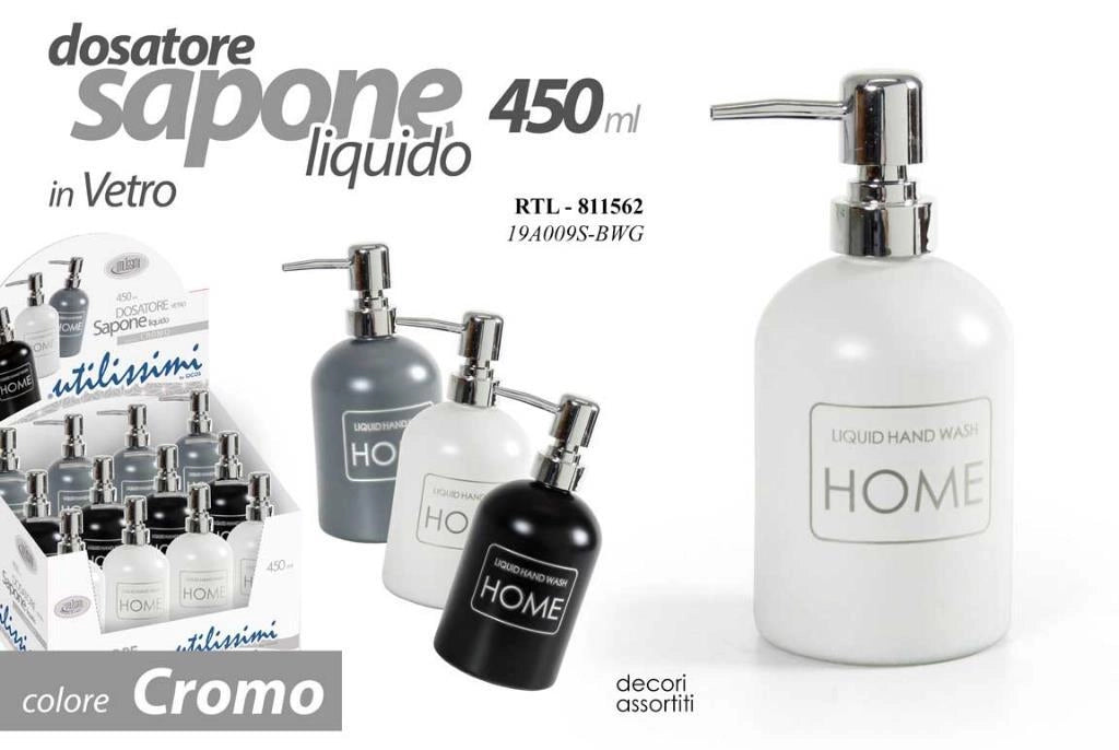 Dispenser Dosatore Sapone Liquido in vetro home cromo 3 Colori