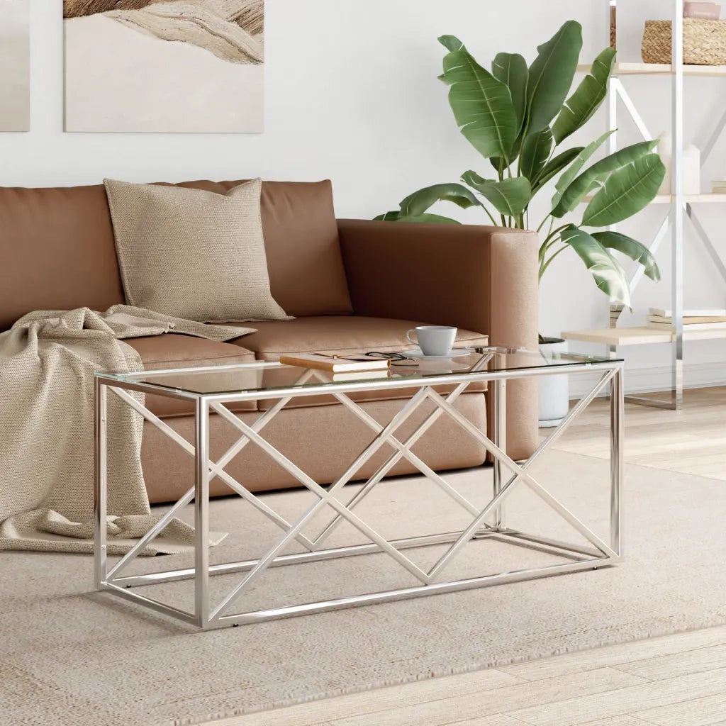 Tavolino da Salotto-Tavolino da soggiorno-Tavolo 110x45x45 cm in Acciaio Inox e Vetro 139617