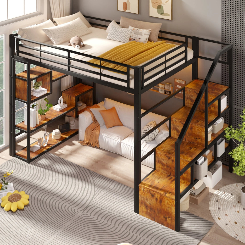 Letto a soppalco 140x200 cm con spazio libero sottostante; LED; ripiano; gradini integrati e parapetto; metallo nero