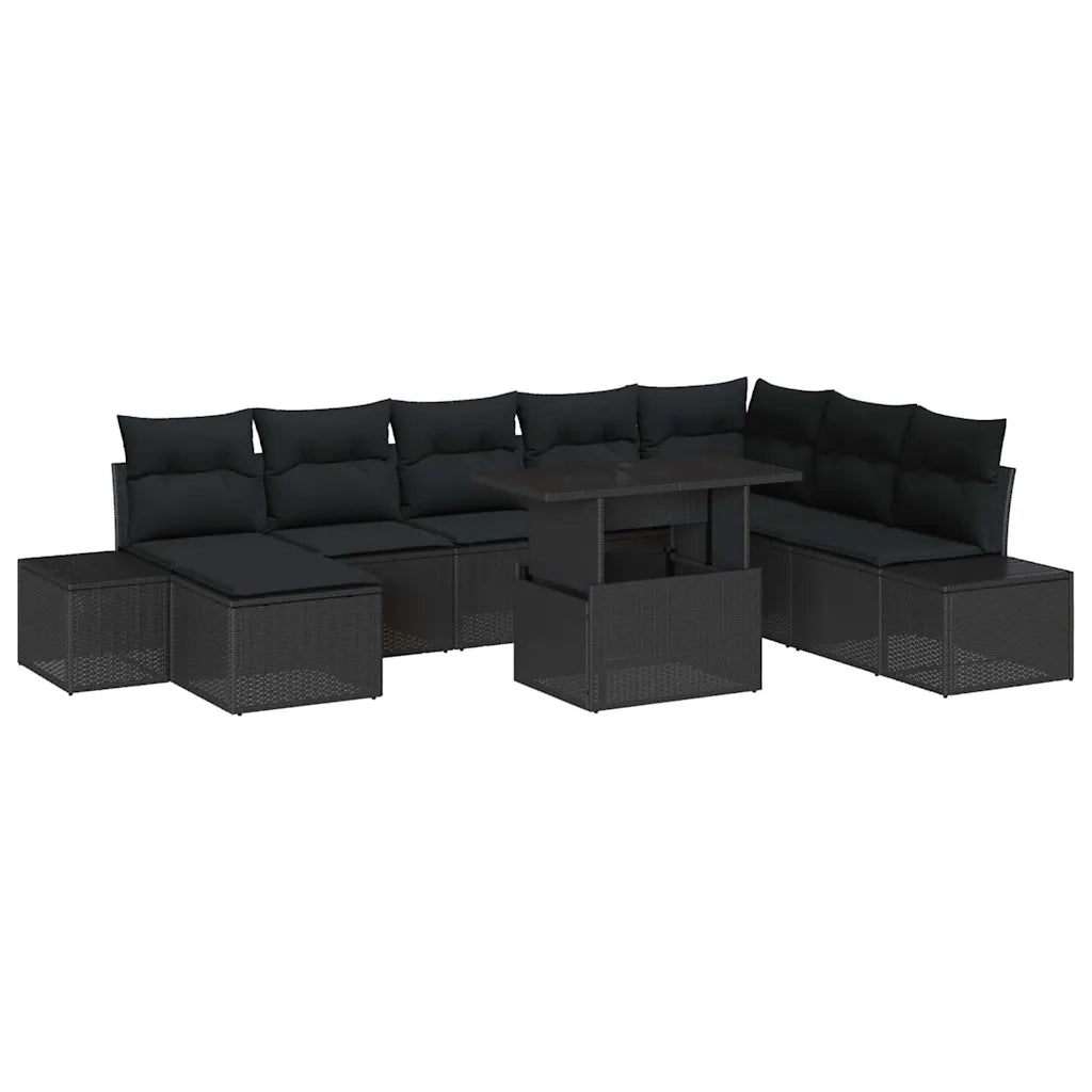 Set Divano da Giardino con cuscino 9 pcs Nero polyrattan
