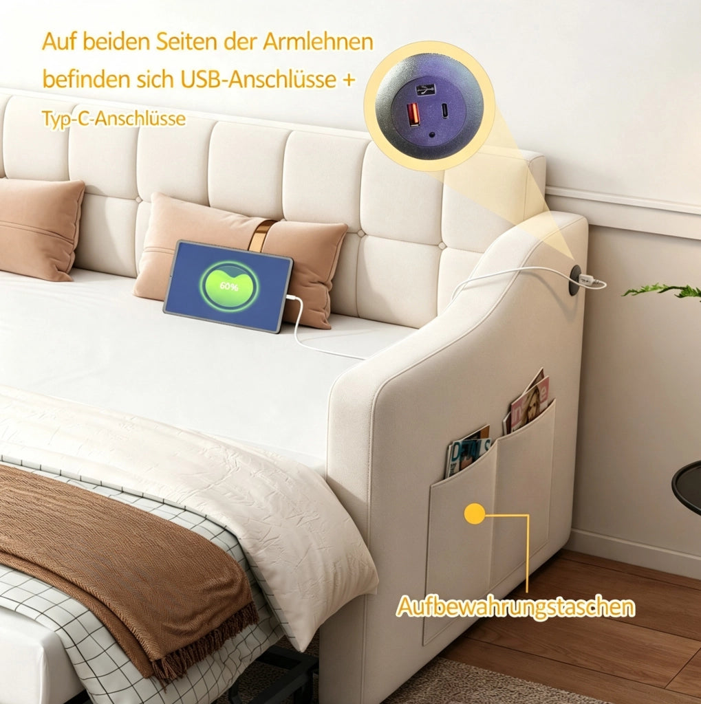 LETTO Imbottito Estraibile 90x190 cm Velluto Beige con Porte USB