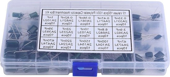 Kit di condensatori film a poliestere 100V 0.33nF-470nF, 150 pezzi.