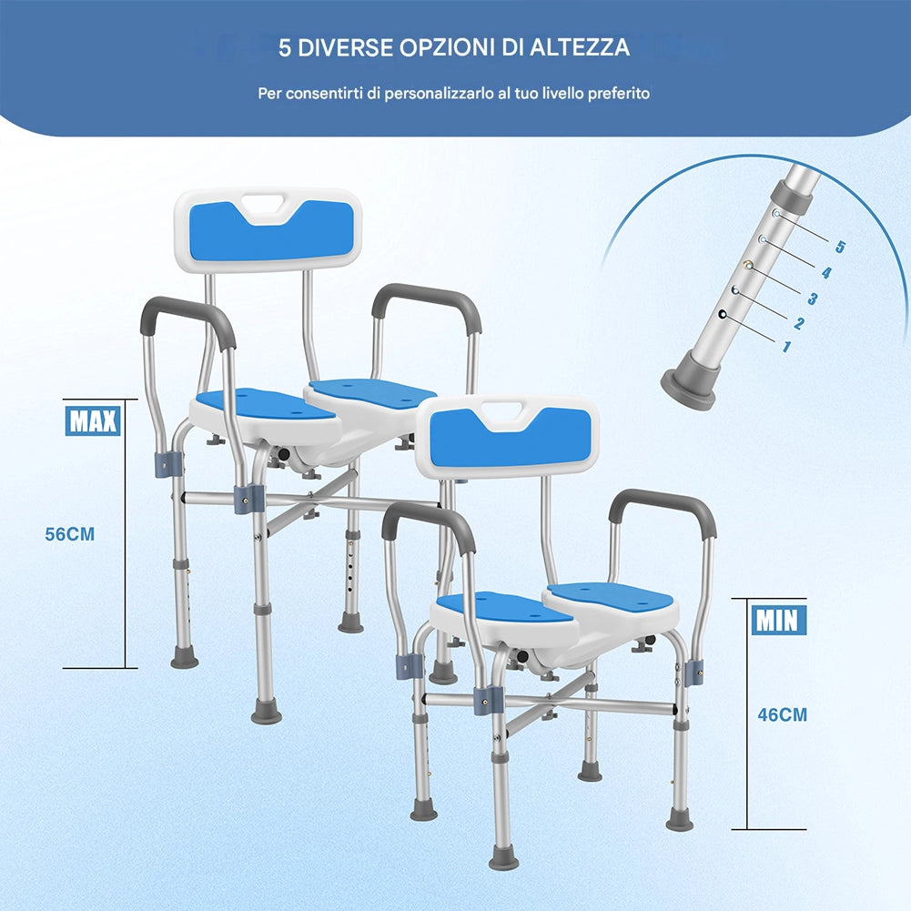 Sedia Sgabello da Doccia WC Altezza Regolabile 83-93 cm per Anziani in Alluminio Azzurro