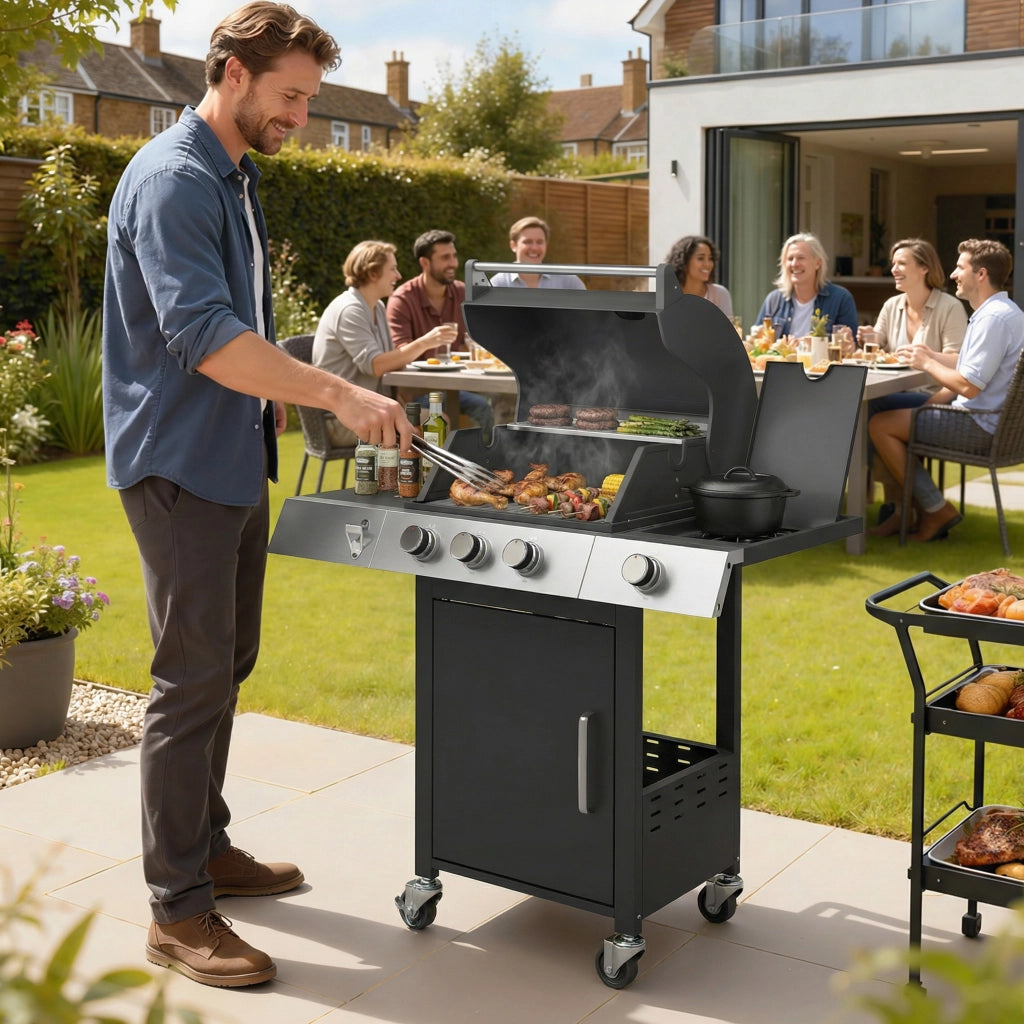 Barbecue a Gas con 3 Fuochi e Bruciatore Laterale, 109x50x109 cm, Nero