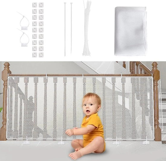 Rete di Sicurezza per Bambini - Rete di Protezione per Scale e Balcone 300 x 90 cm - Recinzione Robusta e Adattabile per Scale di Gabbia di Metallo per Gatti e Oggetti di Gioco Bianco