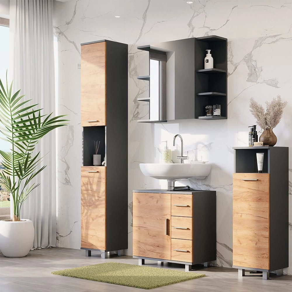 mobiletto bagno Ilias, Antracite/quercia dorata, 30.2 x 190 cm con 2 porte