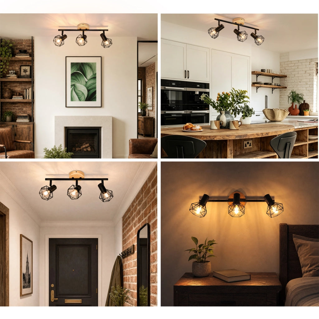 ZMH Faretto da soffitto 3 Luci Nero Legno E14 Vintage Industriale Orientabile 350¡ã per Camera Soggiorno Senza Lampadina