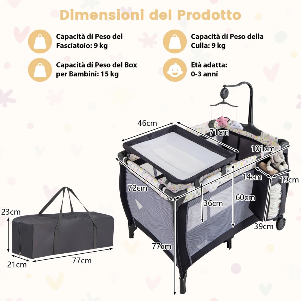 Lettino da viaggio per neonati con culla fasciatoio rimovibile sbarra girevole, Lettino da campeggio portatile Bianco e grigio-Culle