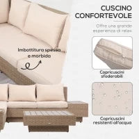 Set da Giardino 4 Pezzi in Rattan, Divano Angolare con Cuscini e Tavolini, Nero e Marrone chiaro