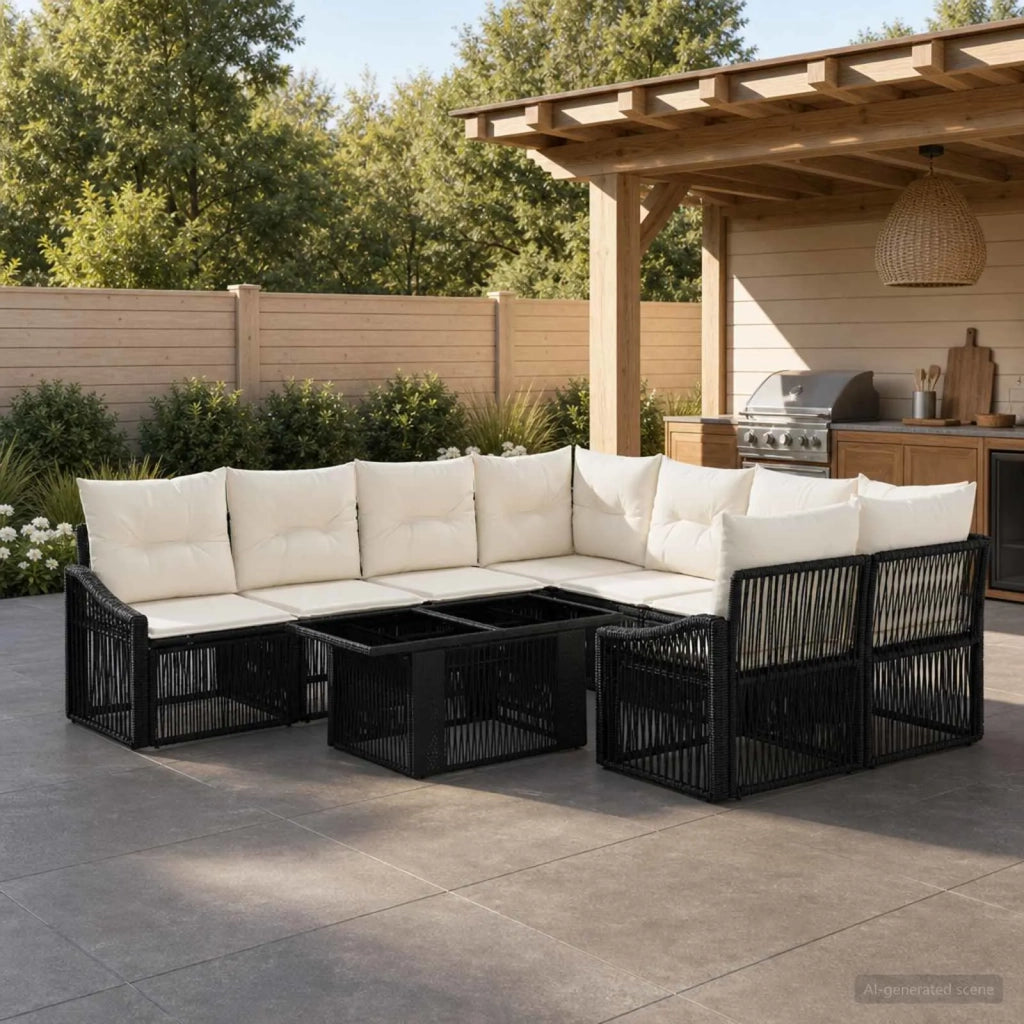Set Divano da Giardino 9 pz Nero e Bianco Crema polyrattan 3437221