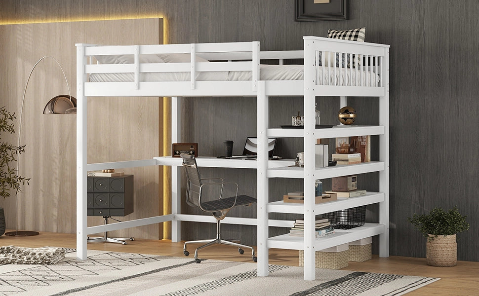 DESMIU Letto a soppalco 2 posti con scrivania, scaffali e scala contenitore 140 × 200 cm, senza materasso, bianco