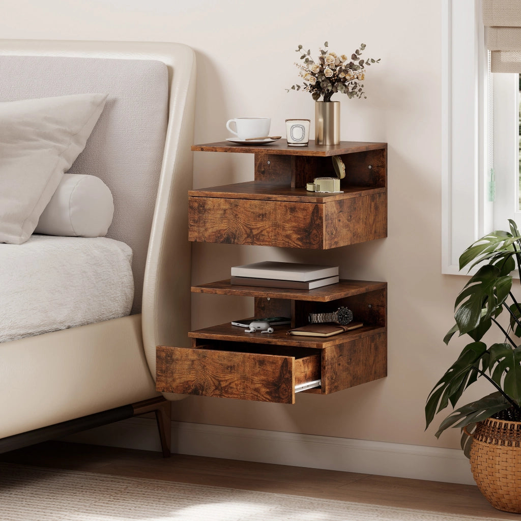 Set di 2 Comodini Sospesi con Cassetto e Mensola Aperta, 35x32x22.5 cm, Marrone Rustico