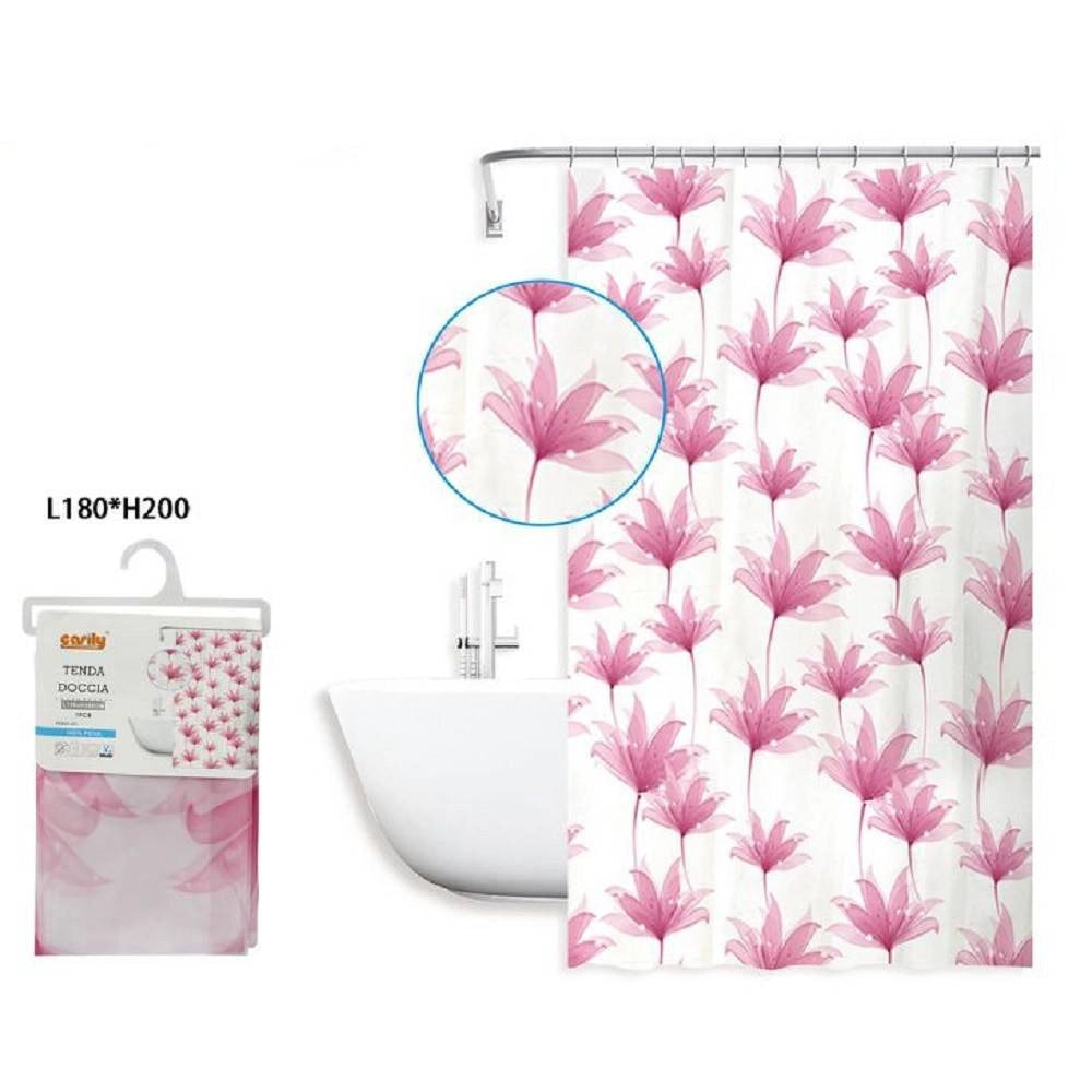 Trade Shop - Tenda Doccia Antimuffa Impermeabile 180x200 Cm Con Anelli Bagno Fiori Rosa 59803 -