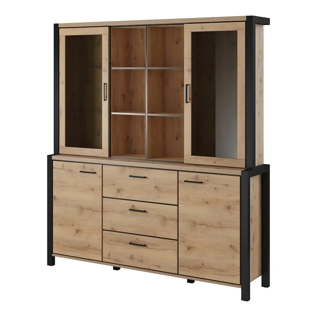 Set buffet e credenza con illuminazione LED collezione TIVORA. Mobile 4 porte, 3 cassetti. Colore quercia e nero.