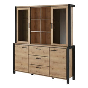 Set buffet e credenza con illuminazione LED collezione TIVORA. Mobile 4 porte, 3 cassetti. Colore quercia e nero.