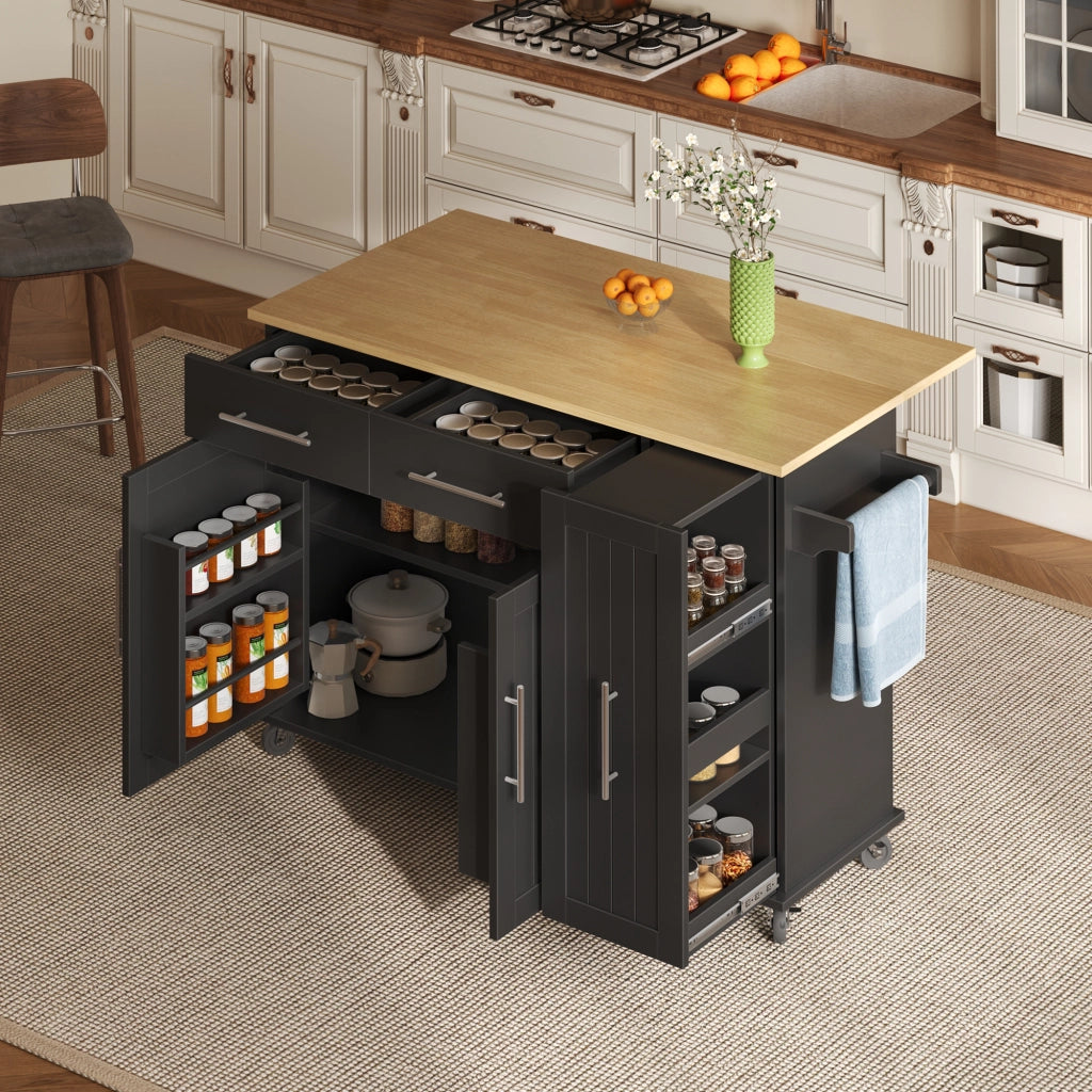 Isola da cucina mobile con piano pieghevole, organizer estraibile a 3 livelli, 2 cassetti e ruote