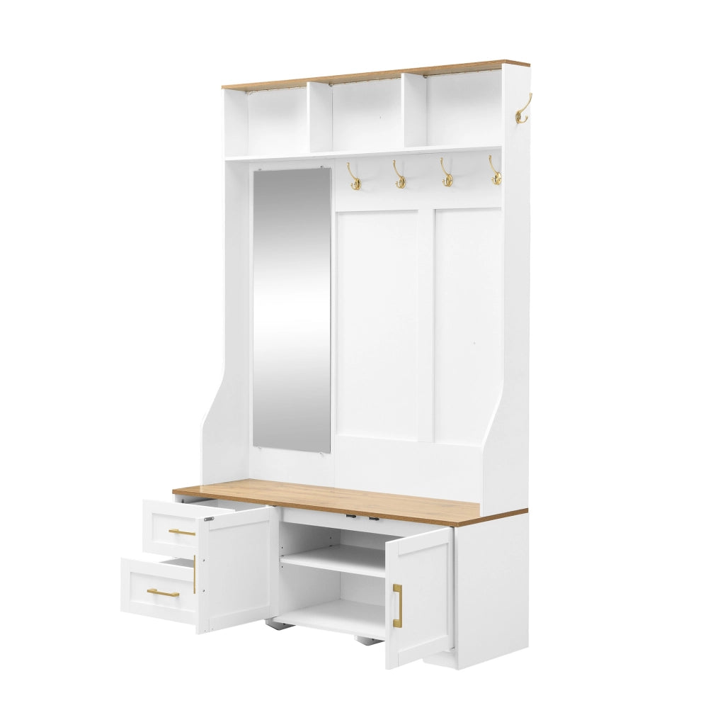 Mobile ingresso multifunzionale con LED; specchio; ganci e cassetti; 120x40x187 cm; MDF bianco e legno